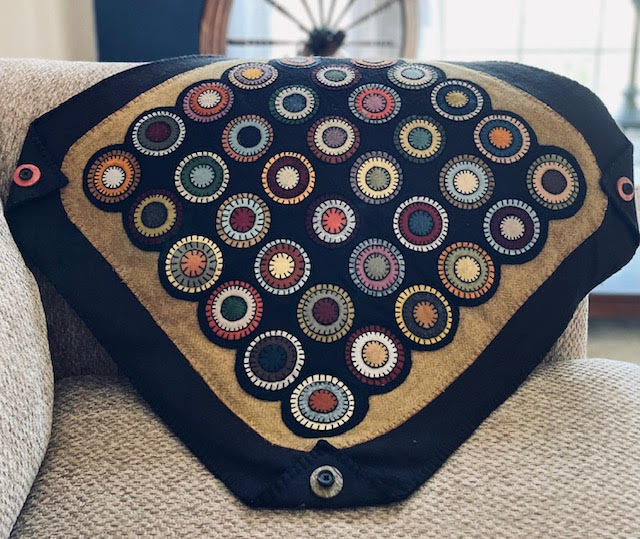 Large square wool penny mat with 36 stitched penny stacks